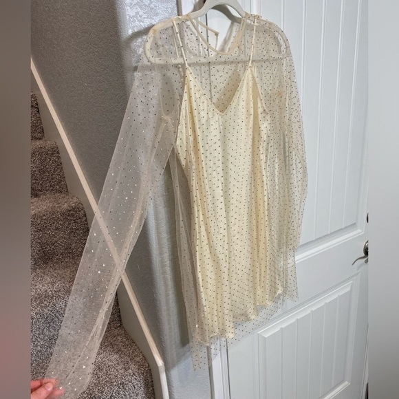 Zara contrasting Sparkly Dress semi sheer rhinestone applique long sleeve - Picture 7 of 9